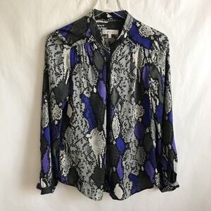 Milly Silk Purple Blue Gray Snake Print Long Sleeve Blouse 8 V-Neck Hook & Eye